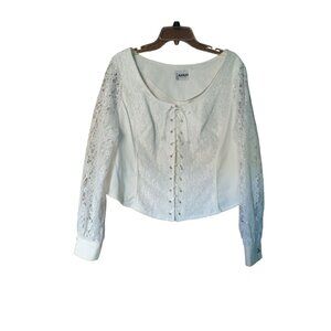 Banjo Western Shirt Top 1990 Women's XL White Button Down Lace Sleeve Vintage